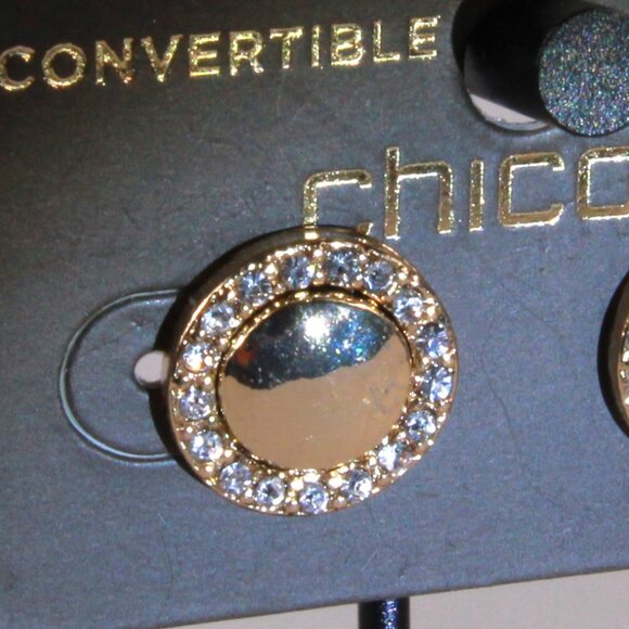 NWT Chico's Convertible Gold Tone Stud Earrings with Clear Rhinestone - Picture 2 of 6